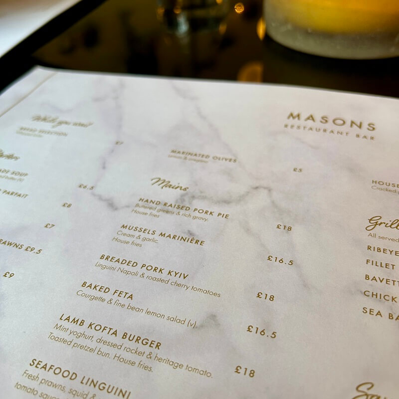 Masons Bar Restaurant - Menu Preview July 2024